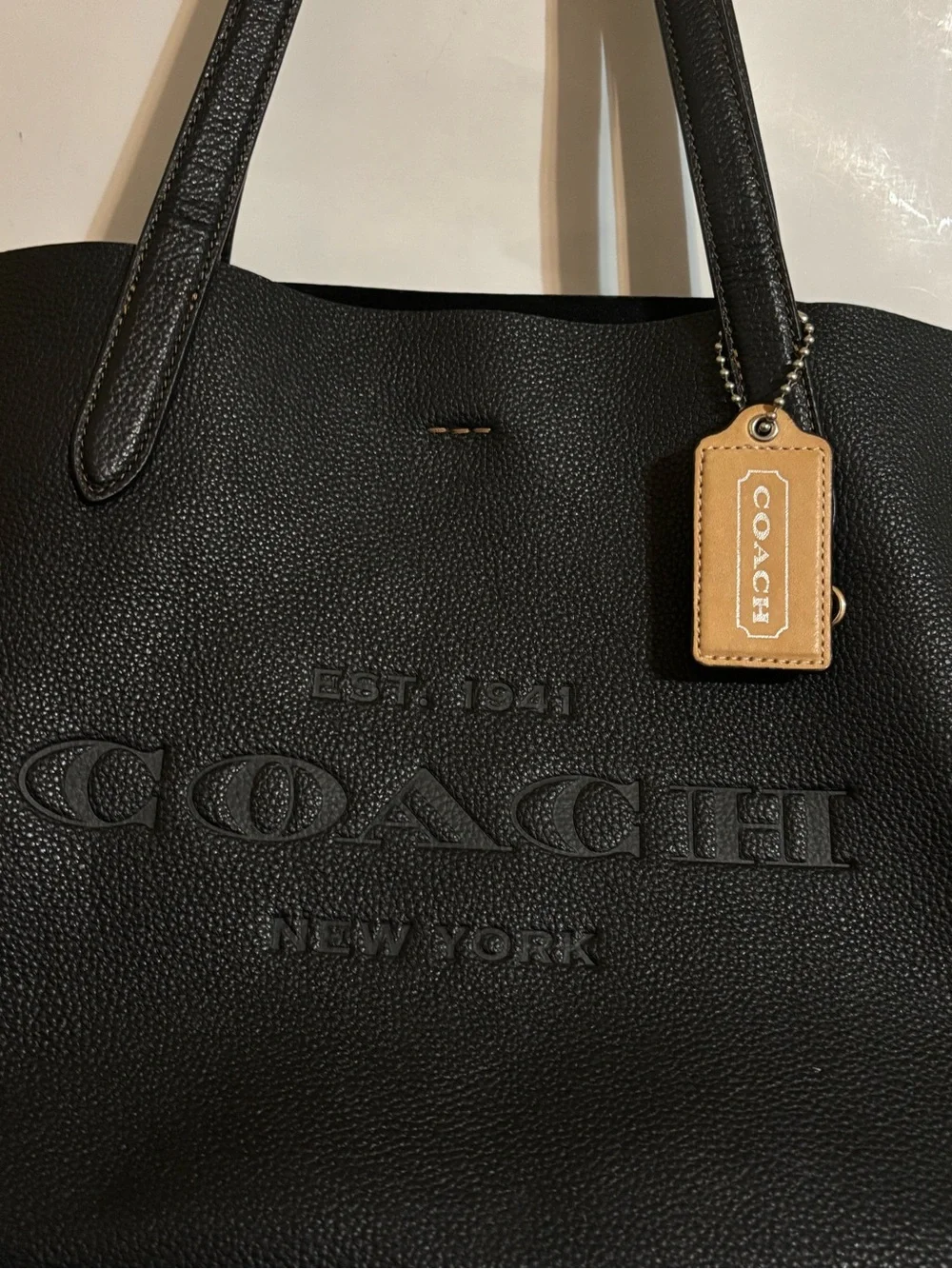 Coach Black Leather Tote with Tan Leather Tag